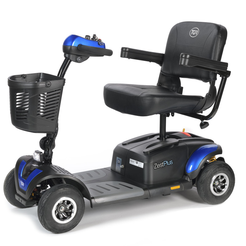 Black and blue mobility scooter