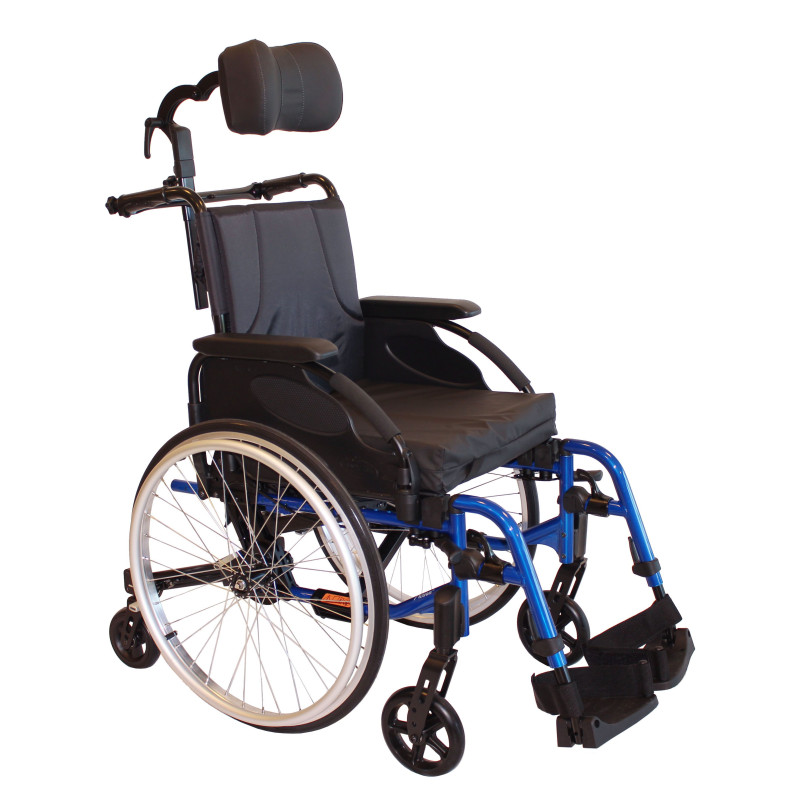 Black and blue wheelchair with headrest on a white background
