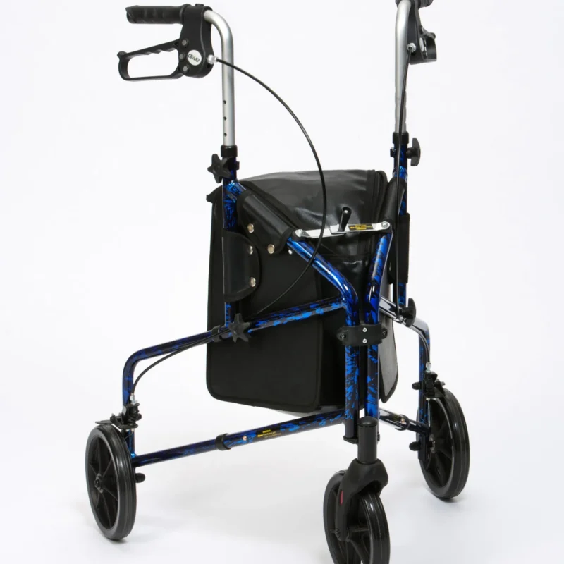 A blue and black tri-wheeled walking aid with a basket on a white background