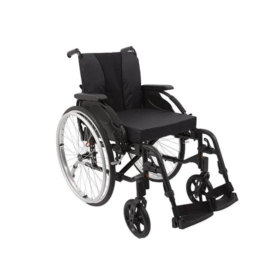 A black wheelchair on a white background