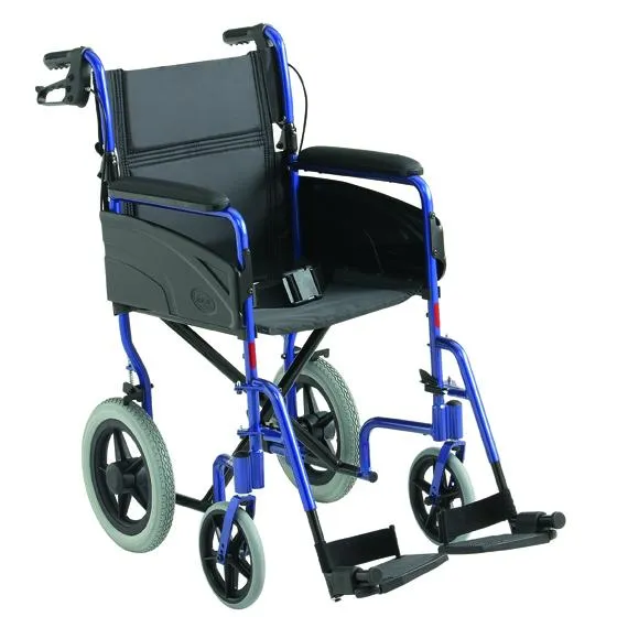A black and blue wheelchair on a white background