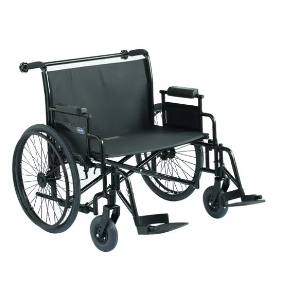 A wide black wheelchair on a white background