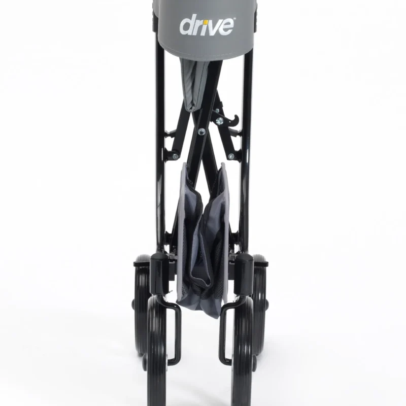 A black walking aid that is convertible and compact to travel on a white background