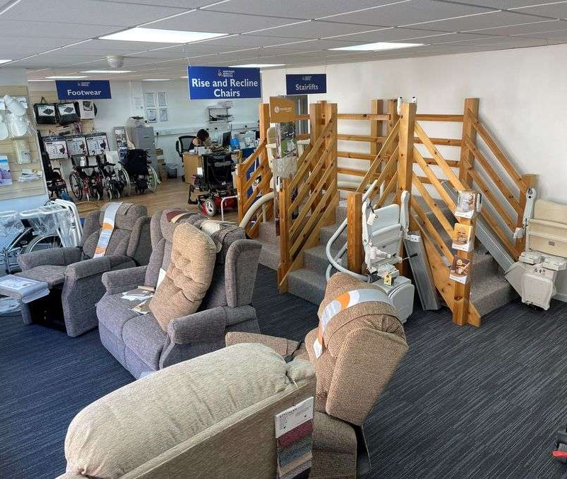 The reclining chairs and stairlifts section in the Hampshire Mobility Services shop