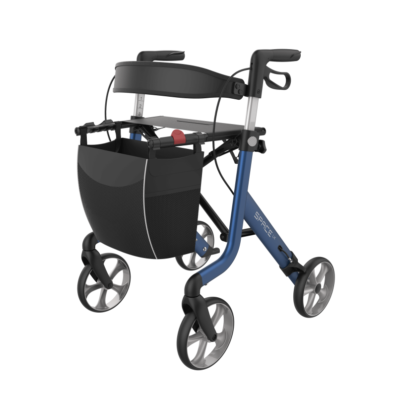 Blue and black walking aid with a basket