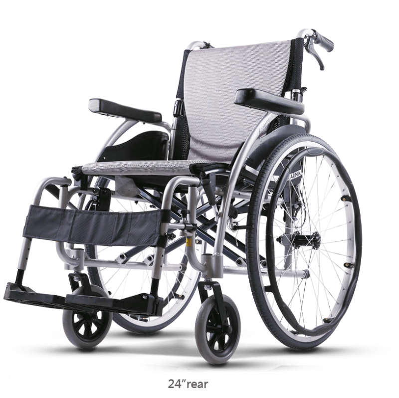 Grey and black wheelchair with a white background