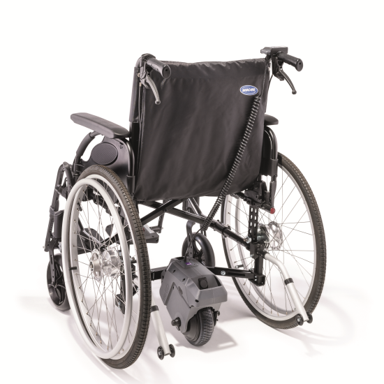 Rear image of a black wheelchair with a battery pack attached