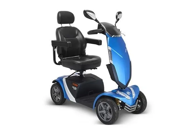 A blue, black and white scooter on a white background