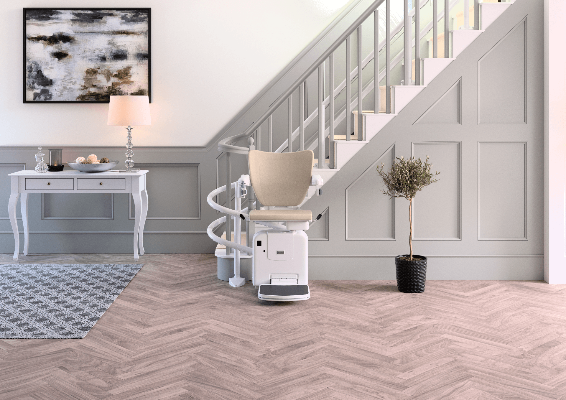 A beige curved stairlift in a modern living space